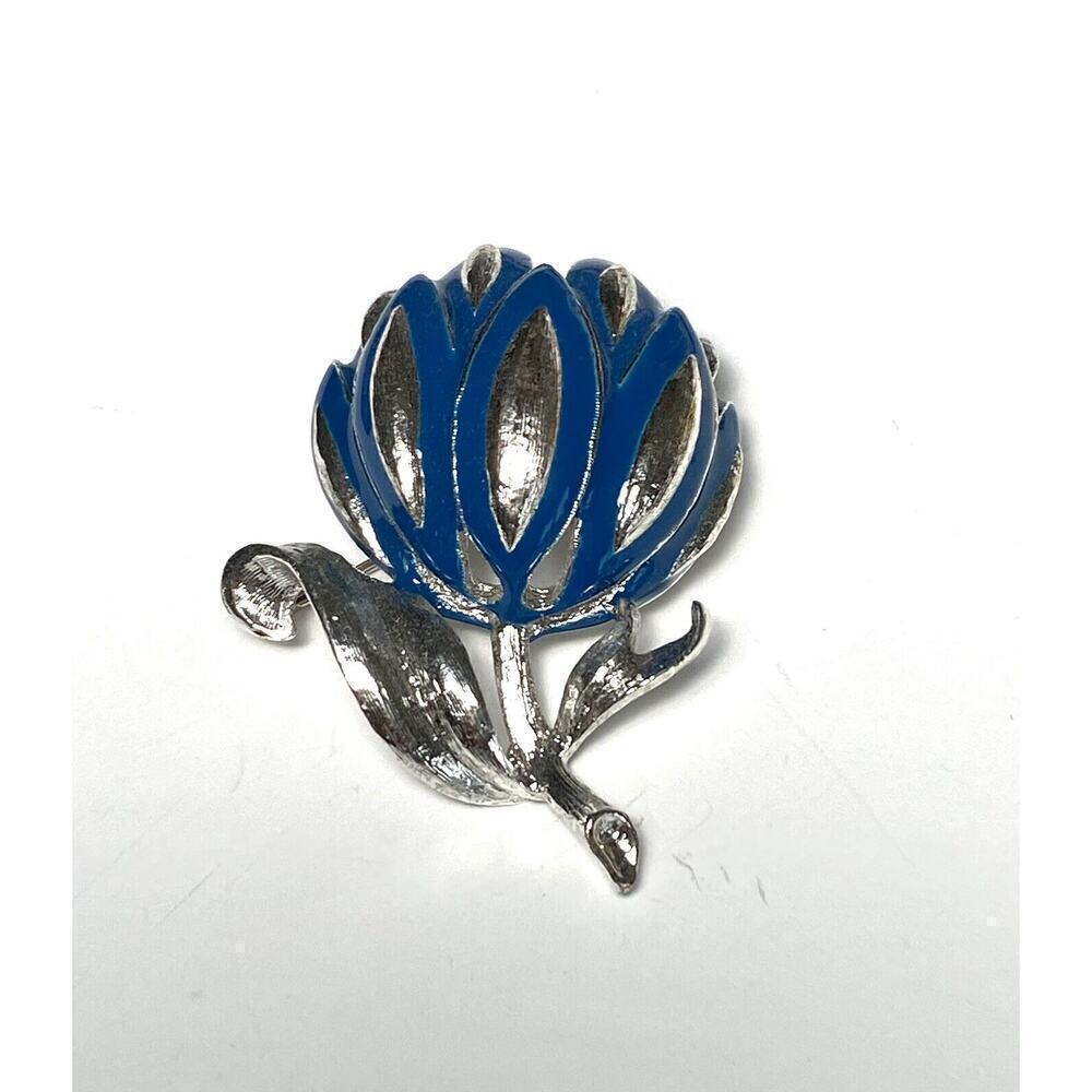MONET Tulip Flower Brooch Pin Blue Enamel Silver Tone Vintage Modernist